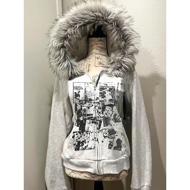 Women'S Fashion Zip Up Hoodies - Chaqueta gris de lana de piel