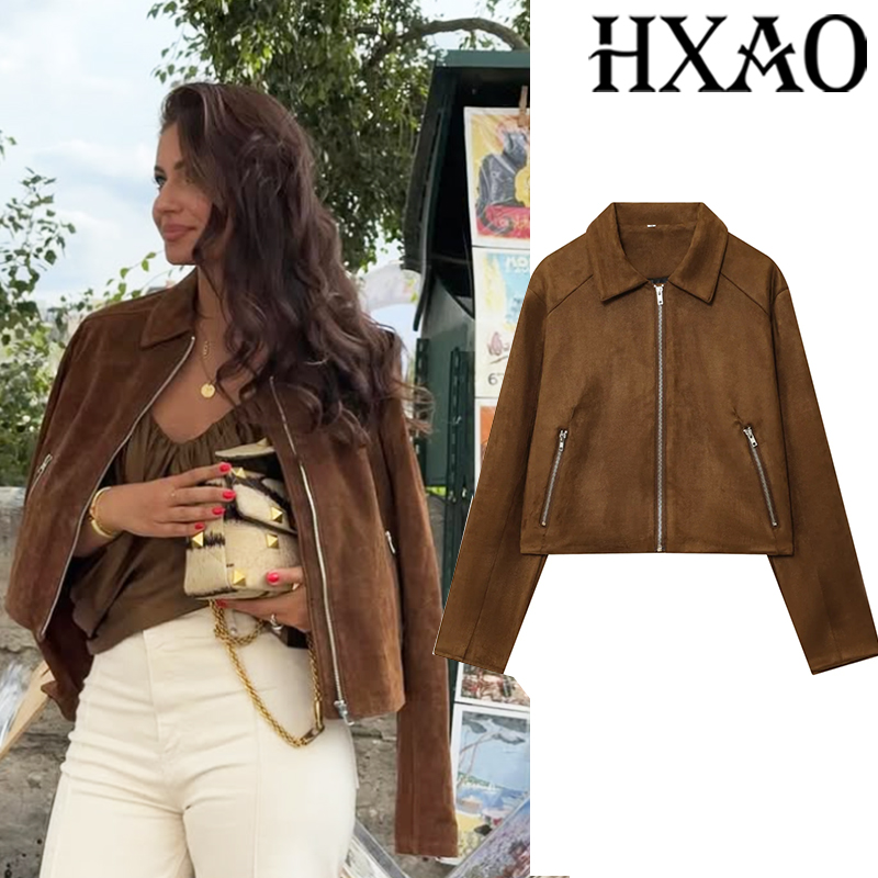 Women'S Fashion Bomber Jacket - HXAO-abrigo recortado, chaqueta de ante para