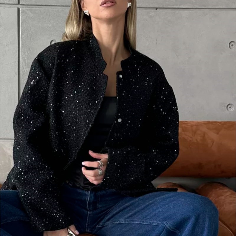 Women'S Fashion Bomber Jacket - Chaqueta Bomber con lentejuelas brillantes para