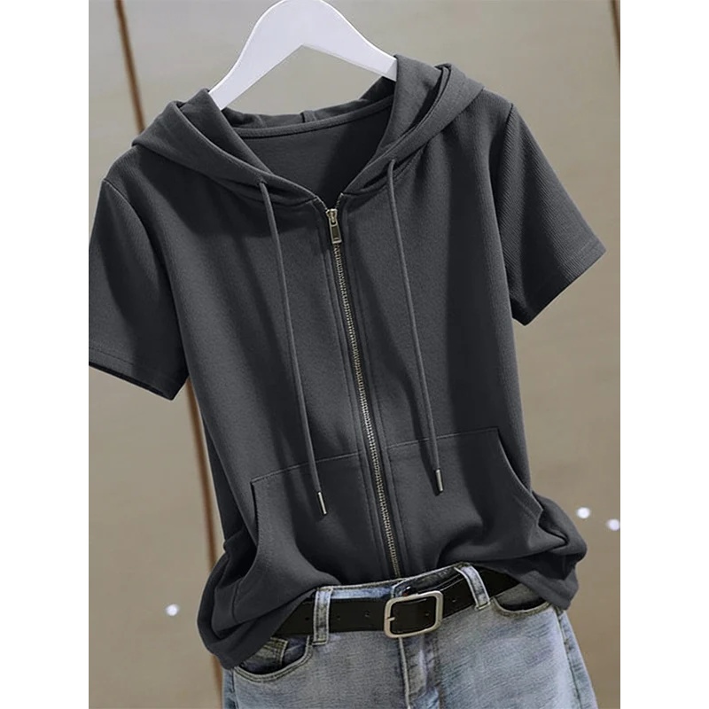 Women'S Fashion Zip Up Hoodies - Sudadera con capucha de manga corta