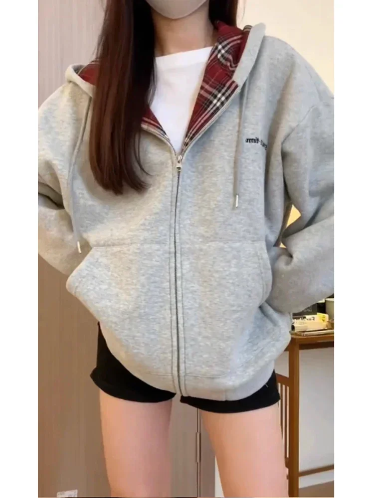 Women'S Fashion Zip Up Hoodies - Harajuku-sudaderas con capucha a cuadros rojos