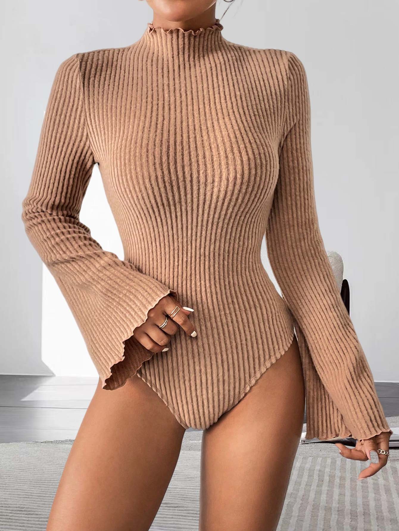 Turtleneck Bodysuit - Body de punto acanalado caqui para
