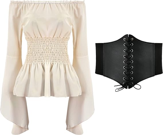 Belted Shirt Dress - Blusa renacentista para mujer, Tops con