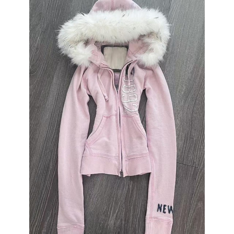 Women'S Fashion Zip Up Hoodies - Sudadera con capucha peluda rosa Vintage