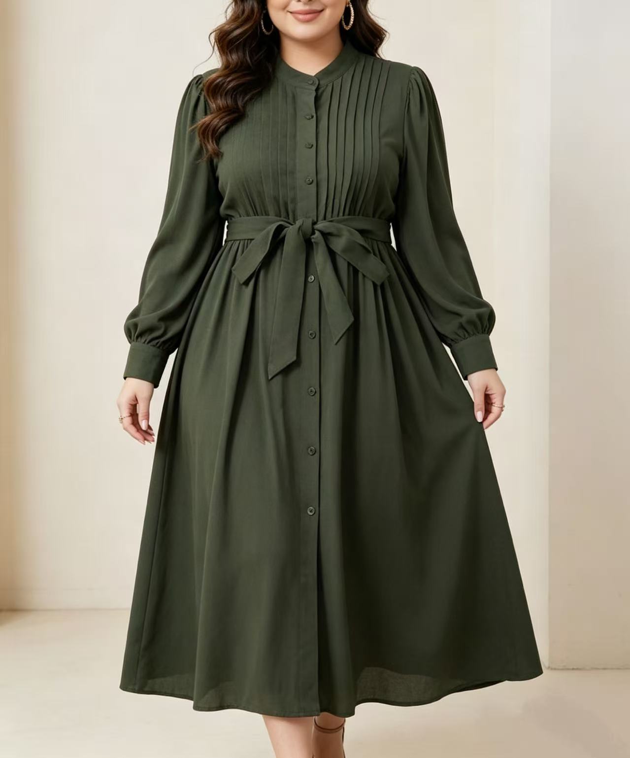Vestido maxi plisado verde mil - Belted Shirt Dress reseña y precio
