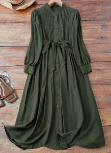 Vestido maxi plisado verde mil - Belted Shirt Dress reseña y precio